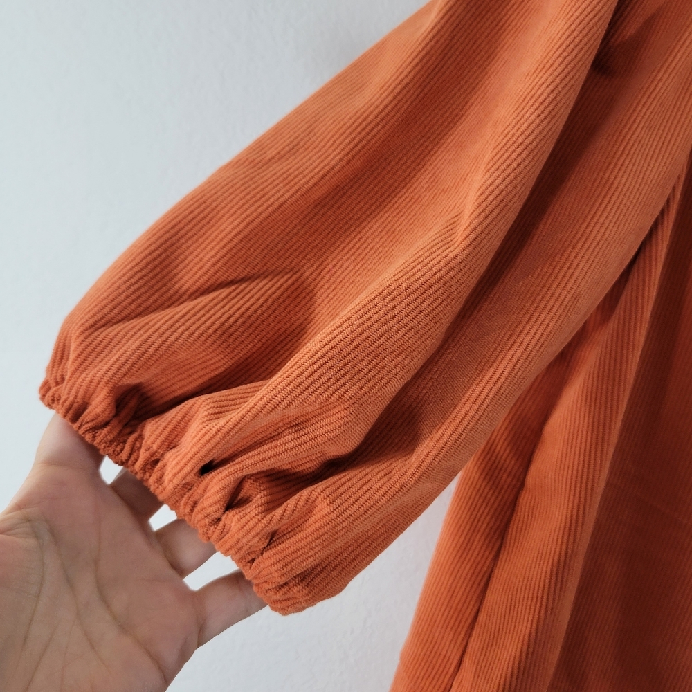 7 FOR ALL MANKIND rust colored corduroy puff sleeve button front jacket dress - Picture 5 of 11